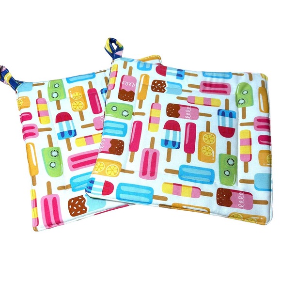 Pair of Quilted Handmade Potholders Popsicles and Fruit - Picture 3 of 3